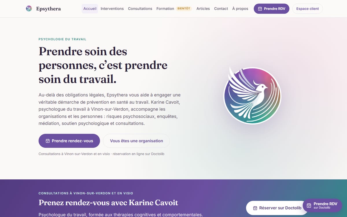 Page d’accueil du site Epsythera, cabinet de psychologie du travail